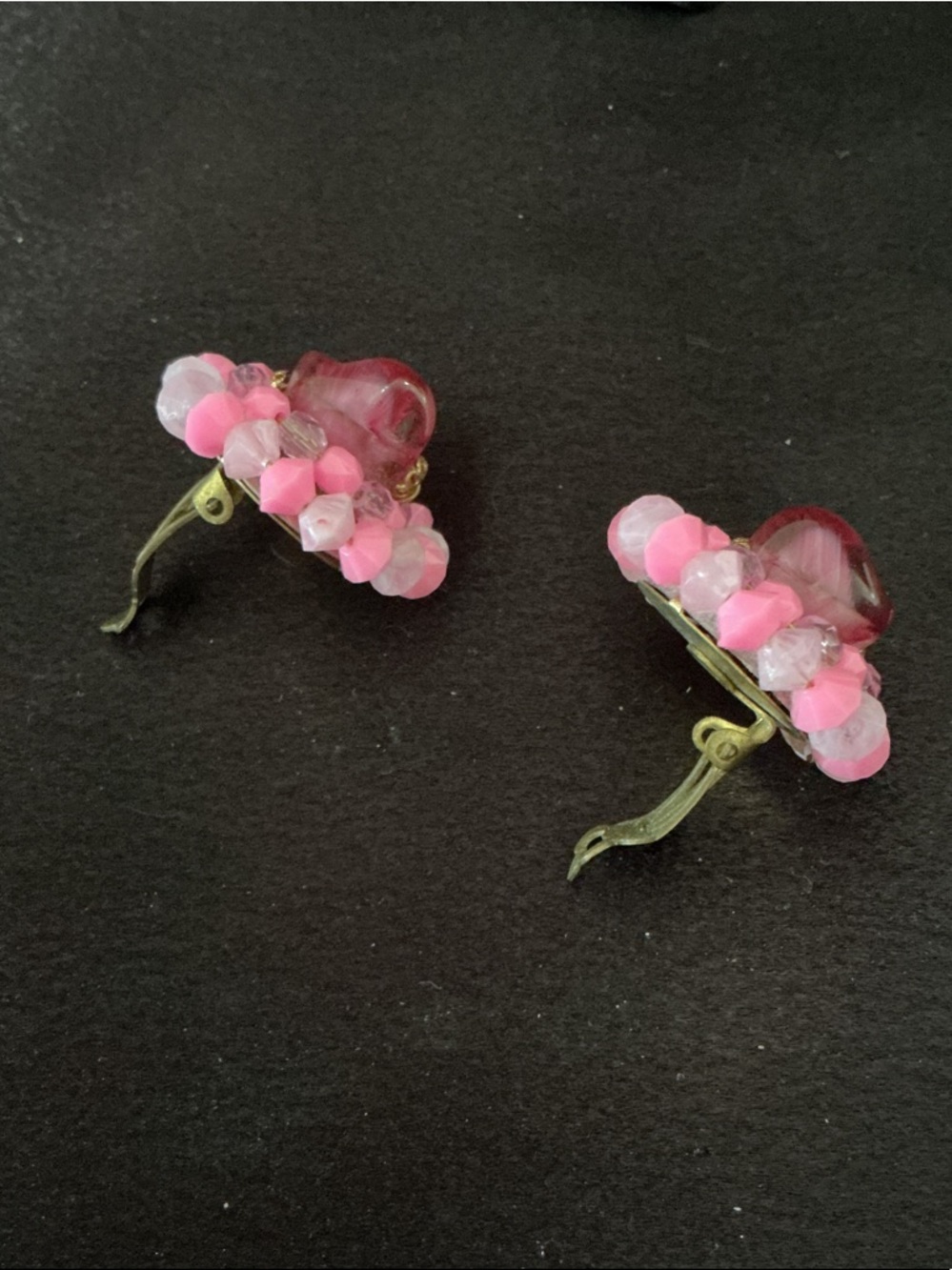Miriam Haskell Pink Heart Cluster Beaded Earrings - Picture 4 of 4